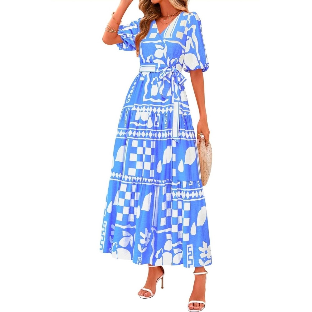 PrettyGarden Womens Blue White Geometric Abstract Tiered Maxi Dress V-Neck Small